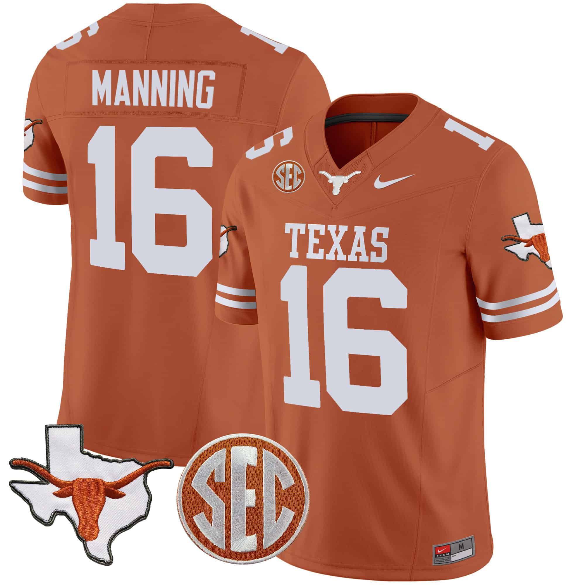 Men Texas Longhorns #16 Manning Orange 2024 Nike State Map & SEC Patch Vapor NCAA Jersey style 1->indianapolis colts->NFL Jersey